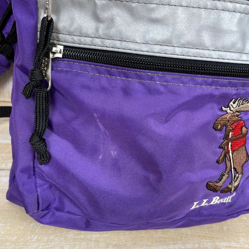 Vintage 90’s LL Bean Youth Backpack Purple w/Embroidered Moose Reflective Strip